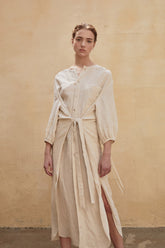 Linen Shirt Dress with Side Slits, Waist Ties, and Relaxed Three-Quarter Sleeves